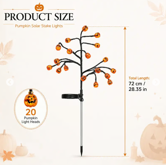 Solar Pumpkin Tree Lights – 20 LED Halloween Yard Stakes, No Wires