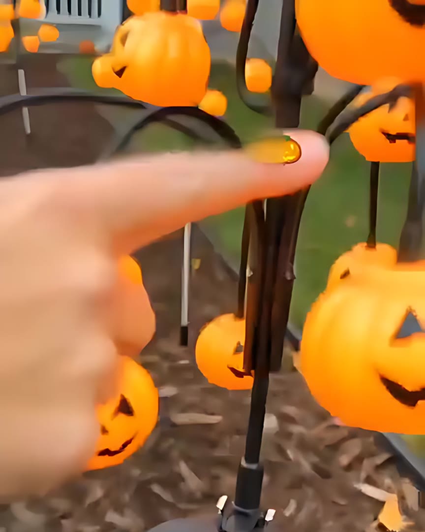 Close-up of the pumpkin lights and solar panel
