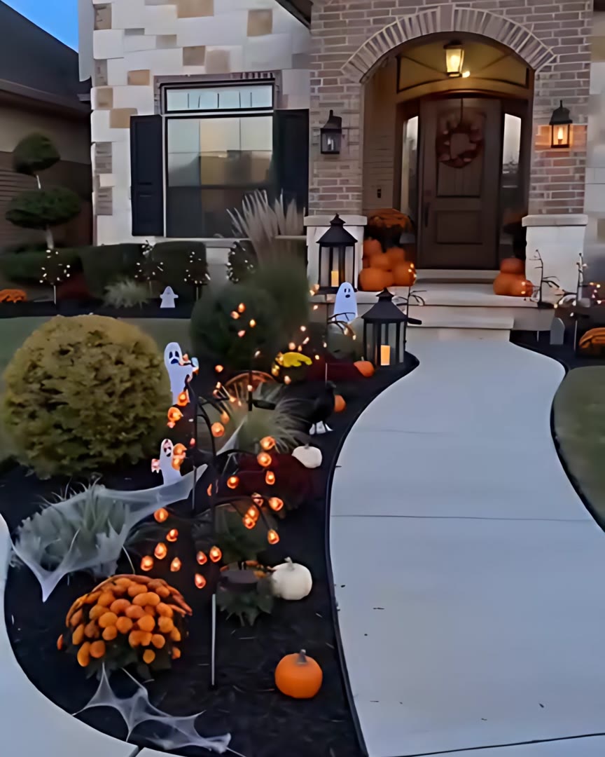 Solar pumpkin tree lights in a flower bed in daylight